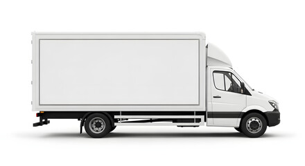 Box truck advertising mockup with white panel, isolated on plain background, template for branding, logistics, and commercial design.