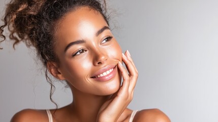 Natural Smiling Woman with Curly Hair in Studio Light