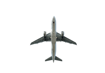 Isolated passenger jet airplane, view from below, flying in the sky, clean design ready to use