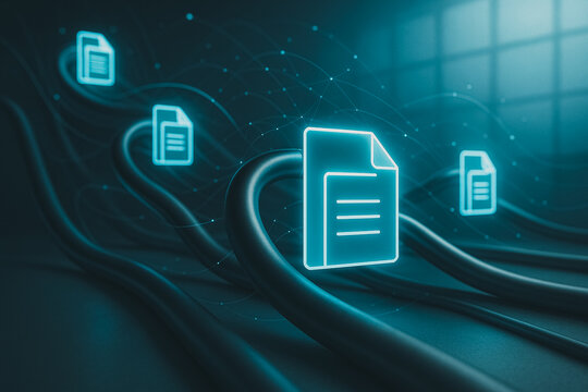 Digital Document Stream: Illuminating the complex pathways of data flow, a collection of digital documents elegantly float along interconnected lines.