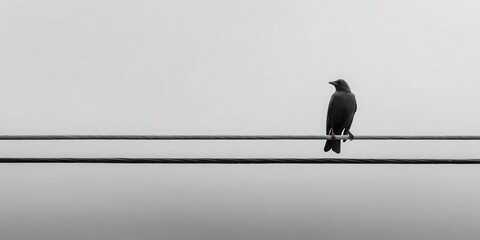 Black Bird on Wire Against Light Gray Background
