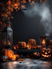 Naklejka premium Halloween pumpkins with lanterns and candles