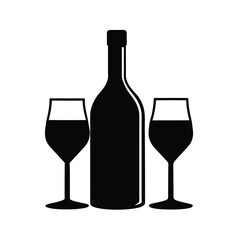 Wine Bottle and Two Glasses: Simple Black Silhouette Icon