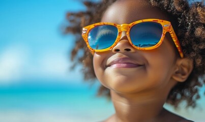 Happy young Black child wearing sunglasses for UV protection, enjoying a summer vacation at the beach. The image promotes the joy of outdoor play and safety during sunny days, Generative AI
