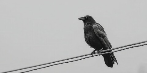 Black bird perched on wire against cloudy background