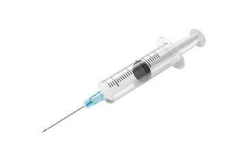 Isolated shot of a syringe with a blue hub and a needle filled with gray medication