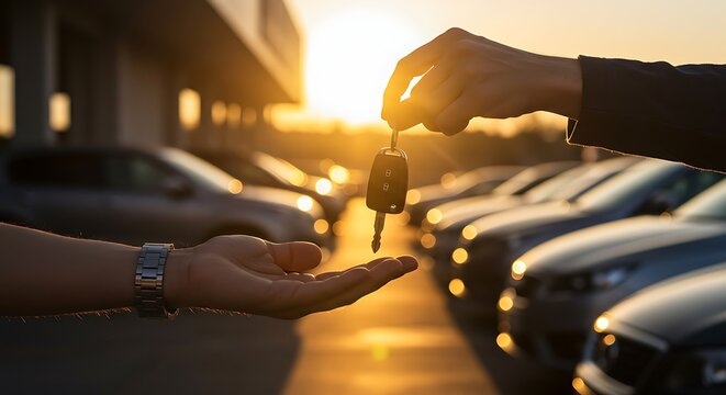 Car keys being handed over symbolizing vehicle purchase at sunset