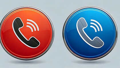 Two glossy circular buttons feature a telephone icon, one red and one blue, signifying communication