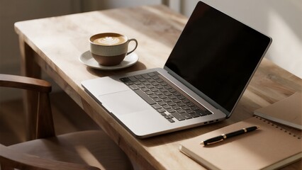 Minimalist flat lay of laptop, coffee cup with latte art, and notebook on wooden desk. Perfect for...