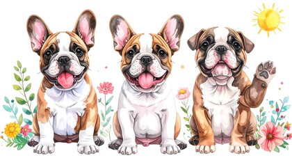 Fototapeta premium Three fawn French bulldogs sit amidst colorful flowers, one waving