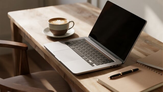 Minimalist flat lay of laptop, coffee cup with latte art, and notebook on wooden desk. Perfect for business blogs, productivity content, or modern lifestyle branding.