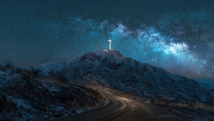 A winding road ascends a snow-capped mountain under a vibrant night sky, a cross atop the peak