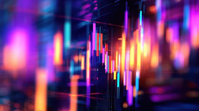 Vibrant abstract financial data visualization with colorful bars representing market trends in a digital space