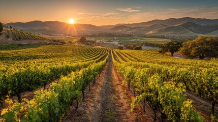 Naklejka premium Vineyard Landscape at Sunset With Rows of Grapevines and Mountains in the Background