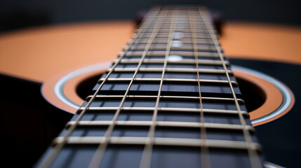 Fototapeta premium Closeup view of an acoustic guitar neck highlighting the frets strings and craftsmanship :