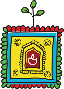 A colourful drawing of Tulsi Vrindavan, a basil plant.