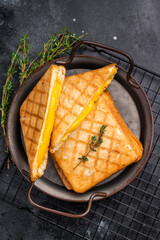 Toasted sliced cheese sandwiches in steel tray. black background. top view