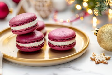 Indulge in the beauty of dark pink macarons filled with white cream, presented on a golden plate amid holiday decorations