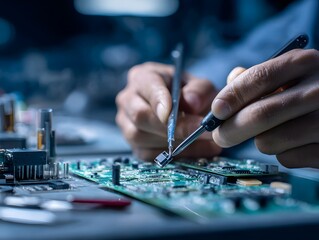 Close-up of Hands Soldering Circuit Board