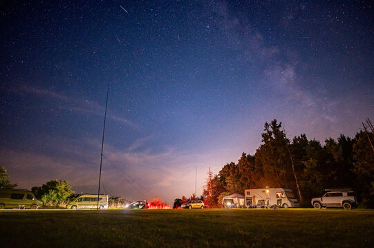 Amateur Radio Field Day Under Starry Sky with Antennas and Campers
