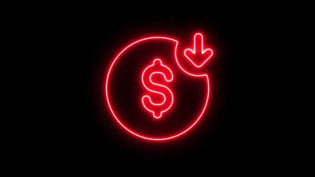 Neon cost reduction icon animation. Dollar down icon. Low price dollar concept. Cash with down arrow stocks graph, concept of financial crisis, market fall. decrease icon, money, dollar sign 