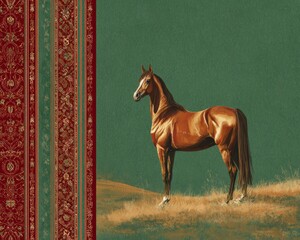 Turkmenistan AkhalTeke Horse in Desert with Red Border