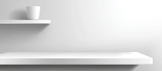 Minimalist shelf decor two white shelves on a white wall, one shelf holds a small white pot