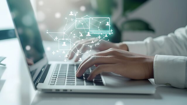 A person is typing on a laptop with a green screen showing a network of people