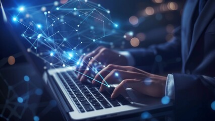 A man is typing on a laptop with a blue screen