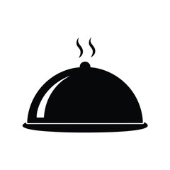 Restaurant Food Service Icon: Steaming Dome Platter, Black and White Silhouette, Simple Graphic Design