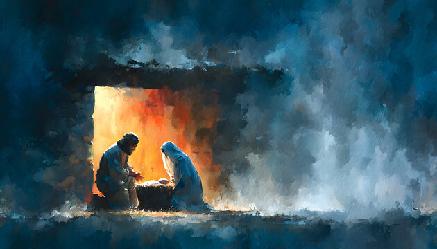 Watercolor painting Nativity scene in Bethlehem. Chrstmas scene illustration sowing holy family baby Jess in the manger Joseph andMary.Banner Copy space