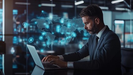 A man is sitting at a desk and typing on a laptop