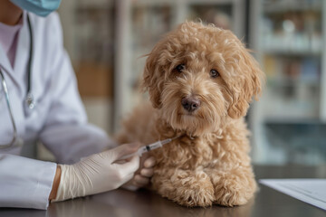A veterinarian gently administers an injection to a fluffy brown dog during a routine health check-up at a modern veterinary clinic.