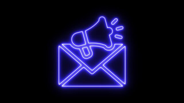 Neon line digital newsletter promotion and communication concept animation. Email marketing icon animation with open message box and megaphone on black background, digital marketing icon