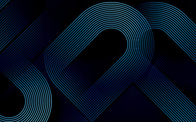 Abstract dark technological background with glowing blue rounded parallel lines creating a dynamic futuristic pattern