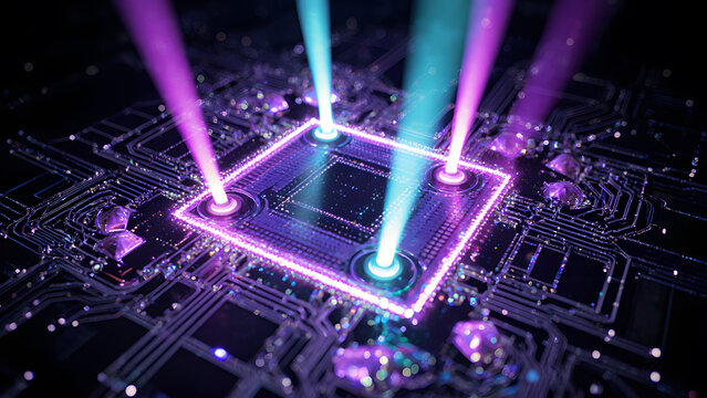 Abstract quantum computing core with glowing neon data streams