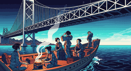 Ukiyo-e style illustration of Japanese women in kimonos on a boat, cooking under a modern suspension bridge at dusk.