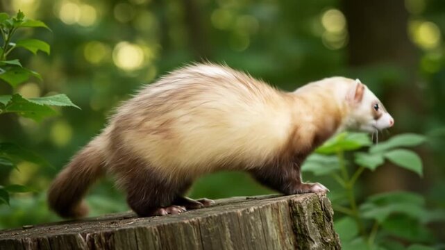 A cute white wild Ermine Mustela standing on a tree stump in the middle of the forest. AI video