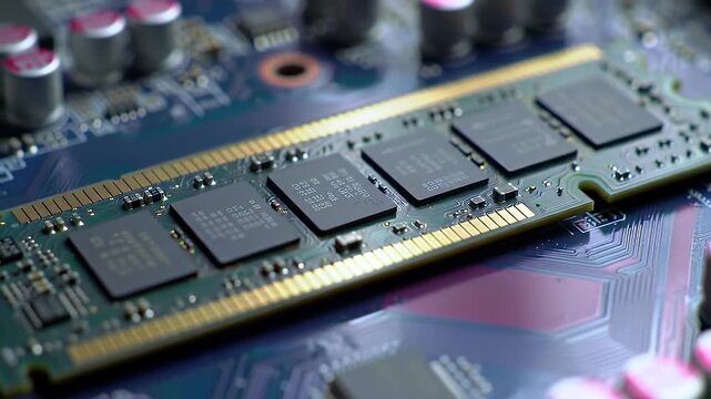 Close Up of Green Circuit Board with Gold RAM Chips