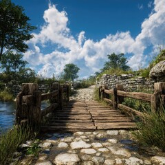 Fototapeta premium Rustic wooden bridge over a stream, leading to a path through a sunny landscape