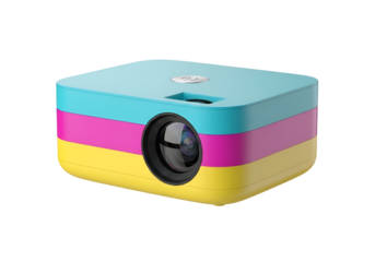 Vibrant, colorful portable projector, featuring a fun, modern design.