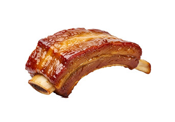 A delectable, glazed rack of ribs, glistening with a savory sauce, is presented against a pure black backdrop.