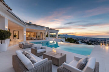 Fototapeta premium Ultra-luxury Spanish villa perched on a hillside at the end of sunset, soft golden and pink sky fading into twilight, warm candlelight glowing throughout the outdoor terrace and po