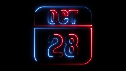 October 28th neon calendar date glowing vibrant red and blue light abstract digital display countdown event reminder