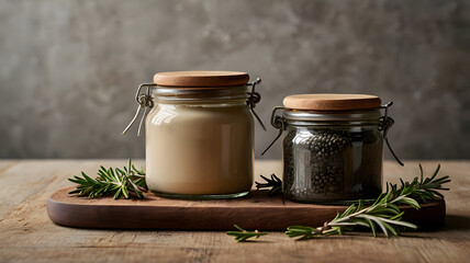 Modern Spice Jars and Rosemary Sprigs – Culinary Kitchen Concept
