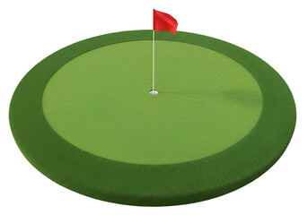 A round, grassy putting green with a hole and flag is displayed on a black backdrop.