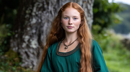Naklejka premium a beautiful young medieval celtic princess with long ginger hair in medieval ireland, looking at the camera, full body shot, green medieval gown, wide angle. mystical, magical, fan