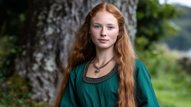 a beautiful young medieval celtic princess with long ginger hair in medieval ireland, looking at the camera, full body shot, green medieval gown, wide angle. mystical, magical, fan