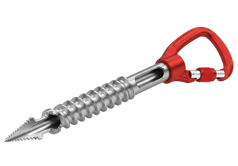 A detailed close-up of a metal ice screw with a red carabiner attachment, highlighting its construction and secure design.