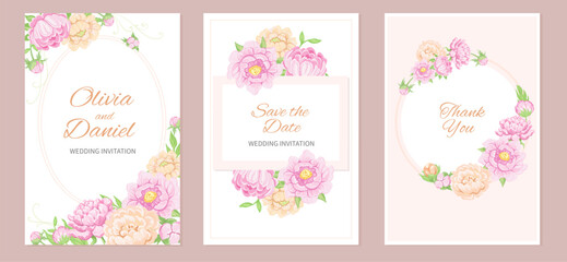 Peony wedding cards. Gentle floral invitations, pink elegance flowers, lush inflorescences, beautiful garden plants, different frames with pastel blossoms, splendid vector isolated set